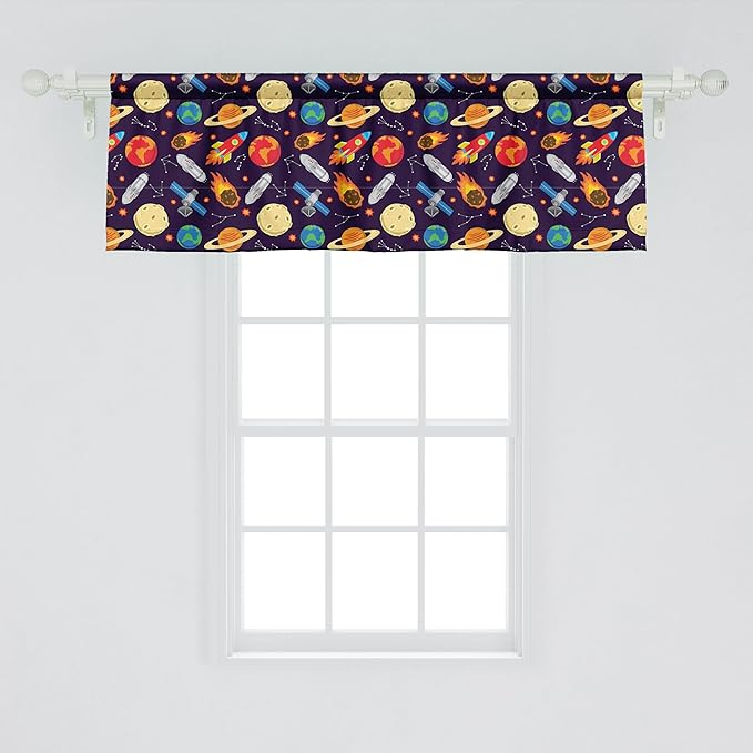 Ambesonne Space Window Valance Pack of 2, Universe Themed Illustration with Earth Moon Constellations Saturn Rockets Stars, Rod Pocket Curtain Valances for Kitchen Bedroom, 42" X 18", Dark Night Blue