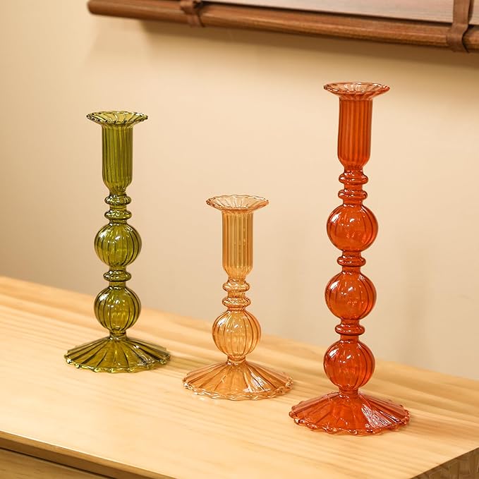 Mumufy 3 Pcs Thanksgiving Glass Candlestick Holders Thanksgiving Ball Shaped Glass Taper Candle Holder Amber Olive Honey Gold Fall Candle Stick Vase Decor for Holiday(5.9, 7.9, 10 inch,Vivid)