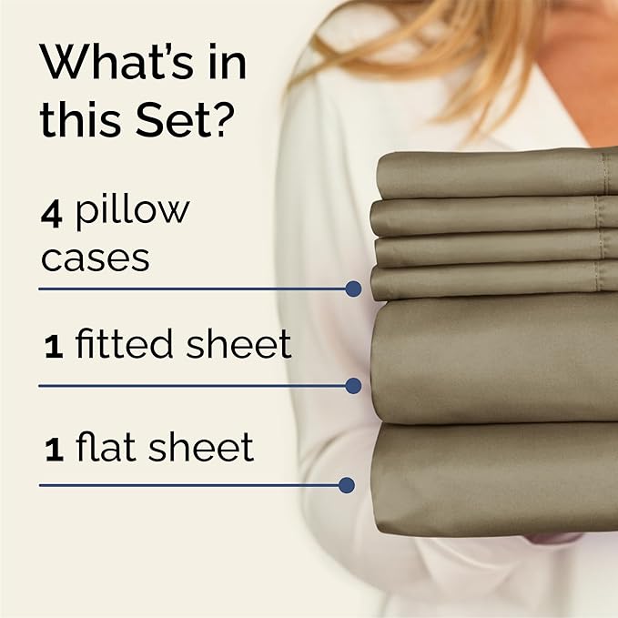 Queen Sheets Set 6 Piece - Bed Sheets Queen Size - Soft Hotel Luxury Bedding - Cooling, Comfy & Breathable - 1 Flat & 1 Fitted & 4 Pillowcases with Deep Pockets - Wrinkle Resistant & Fade Free - Khaki