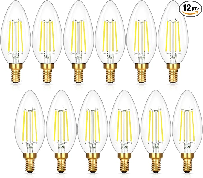 Brightever E12 Candelabra LED Light Bulbs 60 Watt Equivalent, 12 Packs Super Bright 620 Lumen, 6W Clear LED Candle Bulbs, Daylight White 5000K Dimmable Chandelier Light Bulbs for Ceiling Fan