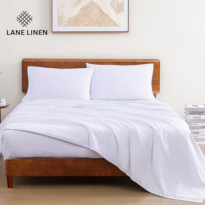LANE LINEN 100% Organic Cotton Full Sheet Set, Low Pilling Fade Resistant Machine Washable Naturally Cooling Full Bed Sheets, Soft & Comfy Printed Cotton Bedding- Blue Ticking Stripe
