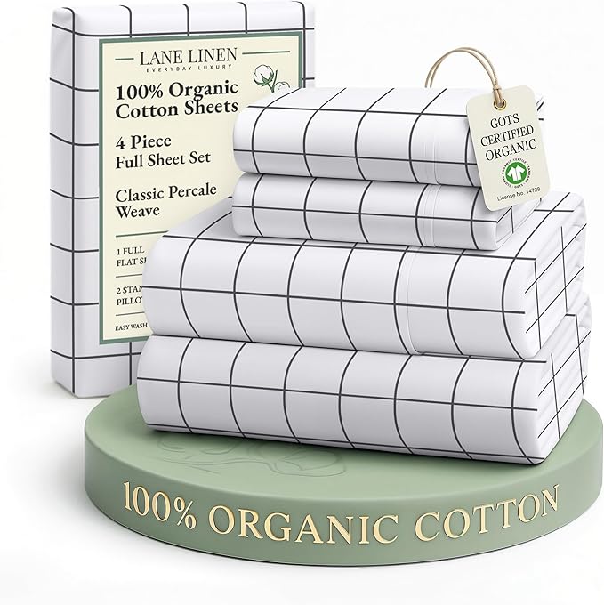LANE LINEN 100% Organic Cotton Full Size Bed Sheets, Eco Friendly Fully Elasticized Okeo Tex Certified Printed Cotton Sheets Full, Percale Weave Soft & Comfy Comes in Variety of Prints - Windowpane