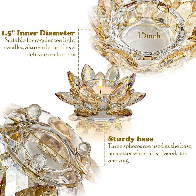 Crystal Lotus Flower Tealight Candle Holders/Glass Tea Light Candlestick Decor Decoration for Christmas Home Wedding Party… (Gold 1pc)