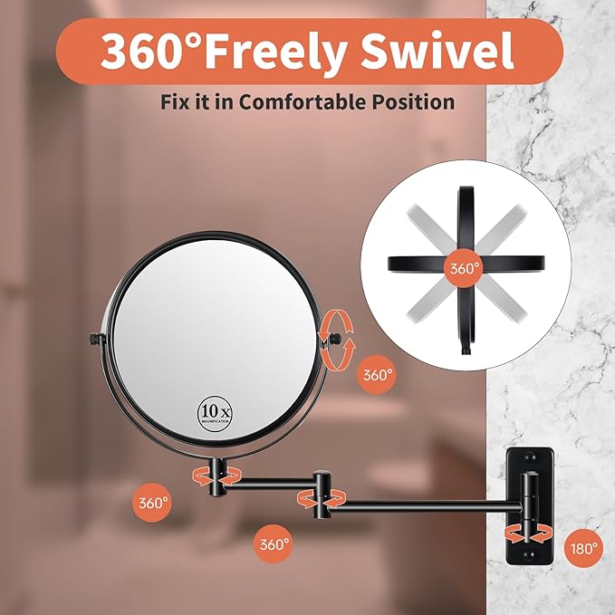 8" Wall Mounted Makeup Mirror with 1X 10x Magnification, Extendable Magnifying Mirror Two-Sided Swivel, Black