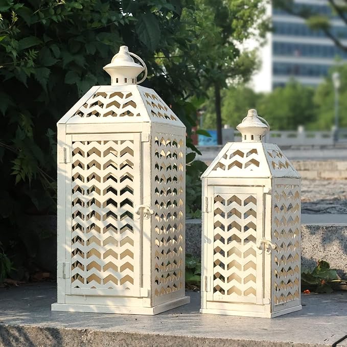 DECORKEY LED Lantern Decorative Indoor & Outdoor, Set of 2 (18' & 13') Metal Candle Lanterns, Vintage Hanging Candle Holder for Front Porch, Patio, Wedding, Farmhouse Home, Christmas Decoration