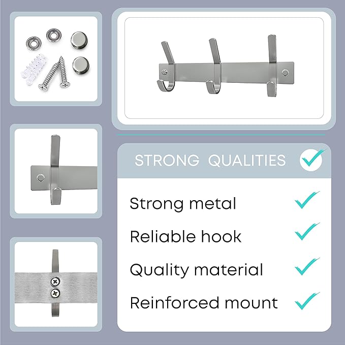 Small Coat Rack Wall Mount – Brushed Nickel 9 Inch Stainless Steel Hook Rail with 3 Heavy Duty Double Coat Hooks – Wall Mounted Coat Hanger for Entryway, Bathroom, Bedroom, Towel, Hat Organizer