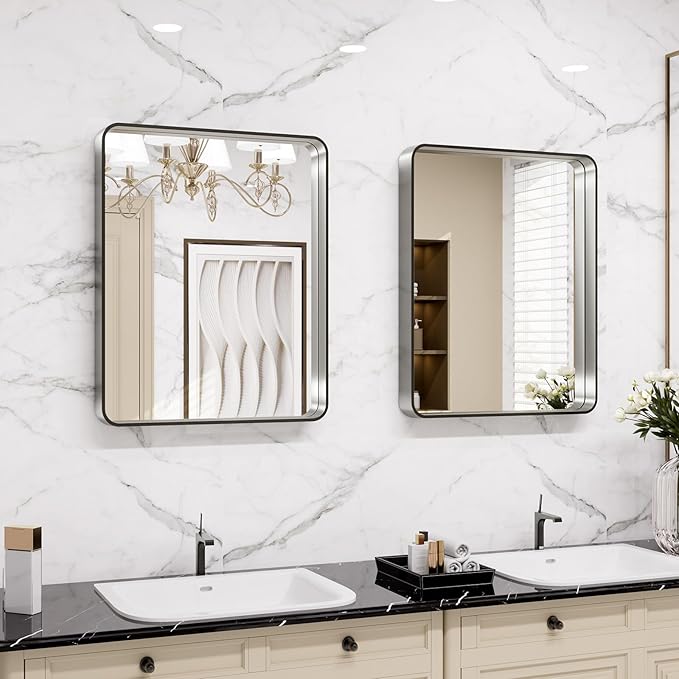 LOAAO 20x16 Inch Brushed Nickel Bathroom Mirror, Rounded Rectangle Silver Metal Frame Mirror, Brushed Nickel, Anti-Rust, Shatter Proof, Hangs Horizontally or Vertically
