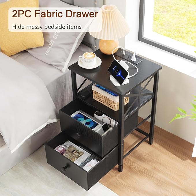 AMHANCIBLE Nightstand with Fast Charging Station, End Table Living Room with USB Charger 3-Port & 2-Power Outlet, Bedside Table with Fabric Drawers for Bedroom HET052LBK1