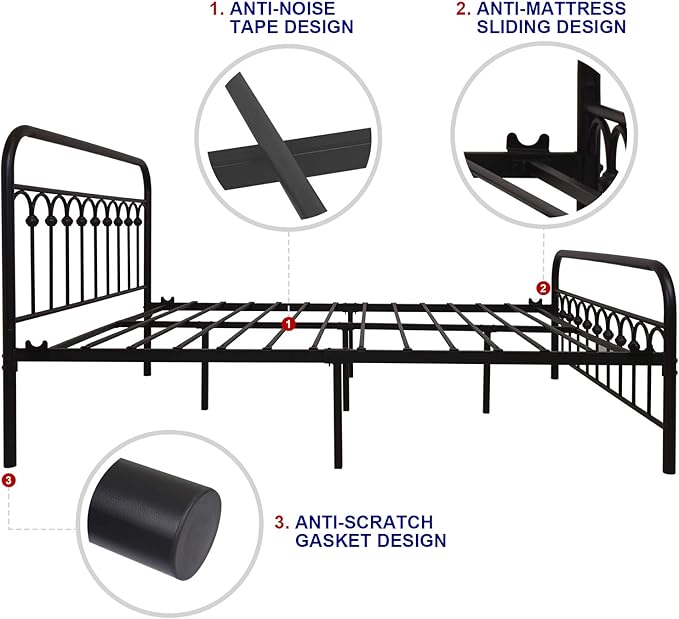 TUSEER Metal Bed Frame Queen Size with Vintage Headboard and Footboard Platform Base Wrought Iron Bed Frame (Queen,Black)