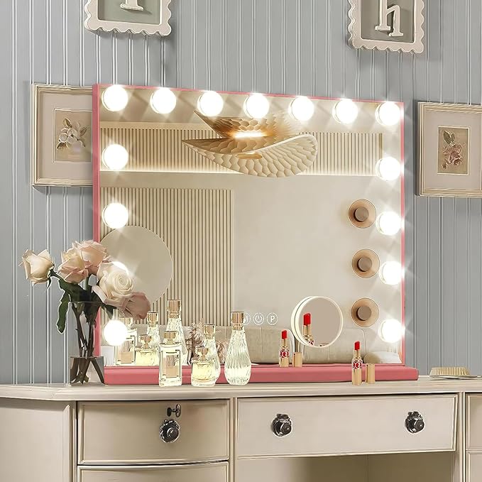 Pink Hollywood Vanity Mirror with Lights, 15 Dimmable Bulbs, 3 Color Lights,Make Up Lighted Mirror, Aluminum Metal Frame, USB Charging Port（23" x 18"）