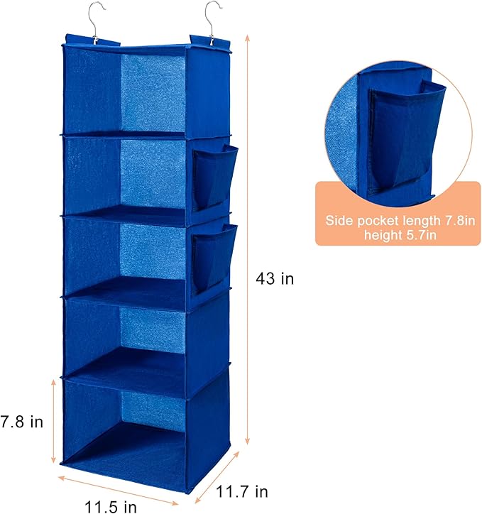 BOOMIBOO Hanging Closet Organize and Shelves，5-Hanging Shelf with 2 Side Pockets，Storage Foldable （Blue）