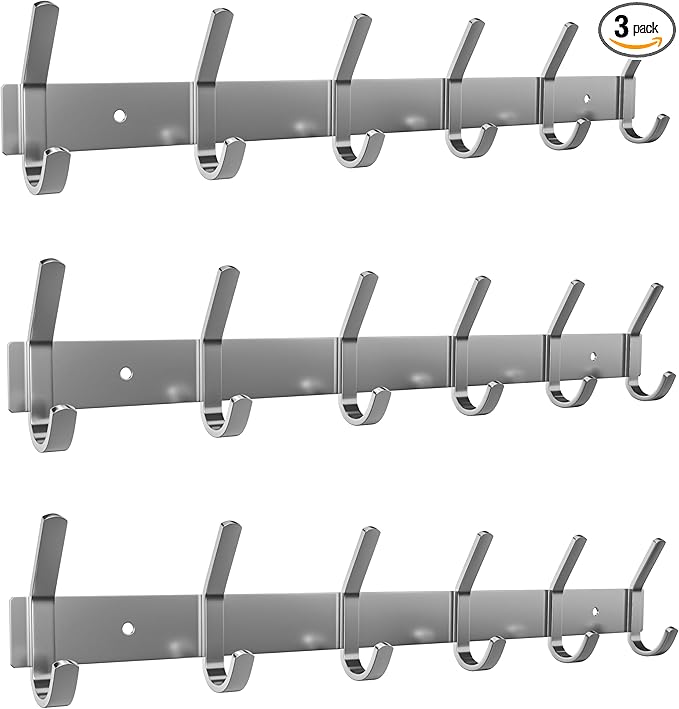 Coat Rack Wall Mount – Brushed Nickel 17 Inch Stainless Steel Hook Rail with 6 Heavy Duty Double Coat Hooks – Wall Mounted Coat Hanger for Entryway, Bathroom, Bedroom, Towel, Hat Organizer - 3 Pack