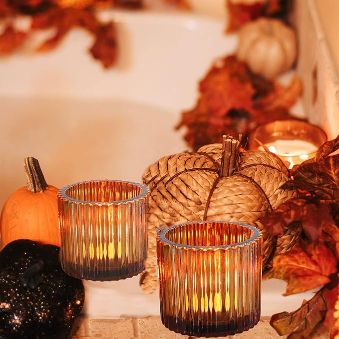 VOHO Amber Candle Holder Set of 12, Glass Votive Candle Holders Centerpiece Table Decorations, Large Candle Holders Bulk for Holiday/Party(2.75in x 2.56in, Amber)