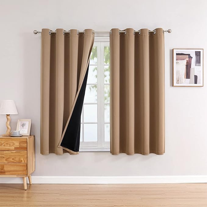 ChrisDowa 100% Blackout Curtains for Bedroom with Black Liner, 2 Thick Layers Total Blackout Thermal Insulated Grommet Window Curtains 2 Panels Set (Cappuccino, 52 x 45 Inch)