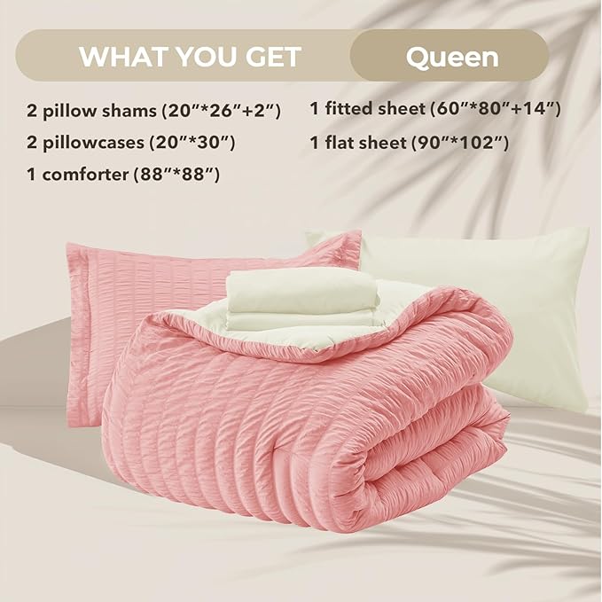 HYMOKEGE Pink/Ivory Queen Comforter Set Seersucker 7 Pieces, All Season Luxury Bed in a Bag Queen for Bedroom, Bedding Set with Comforter, Sheets, Pillowcases & Shams