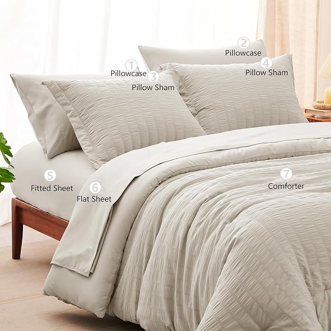 CozyLux Full Size Comforter Sets with Sheets Seersucker 7 Pieces Beige Bed in a Bag Textured Luxury Soft Bedding Set with Down Alternative Comforter, Sheets, Pillowcases & Shams for All Seasons