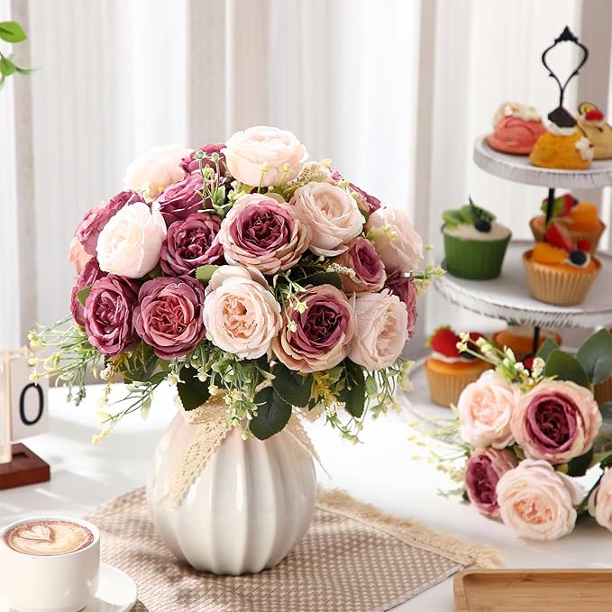 Geosar 16 Bundles Artificial Peonies Flowers Fake Silk Peony Bouquet Faux Peonies Flowers Bulk for Decoration Vase Floral Arrangements Wedding Party Table (Dusty Pink,Dusty Rose)