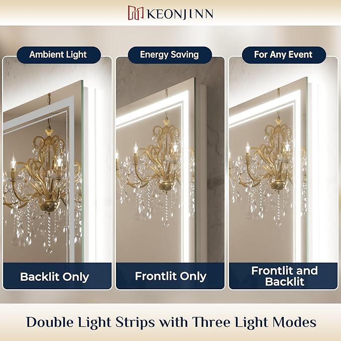 Keonjinn LED Bathroom Mirror 48” x 30” with Frontlit and Backlight, Stepless 3 Colors Temperature & Dimmable Wall Mirror, Tempered Glass, UL Listed LED Driver, Double Lights, Anti-fog Frameless Mirror