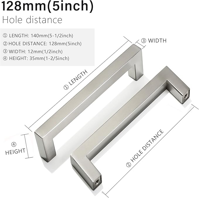 Cabinet Pulls Brushed Nickel Cabinet Handles Square Drawer Pulls, 5 Pack 5 Inch Stainless Steel Kitchen Door Cupboard Cabinet Handles, Cabinet Hardware Drawer Handles, 128mm Hole Centers