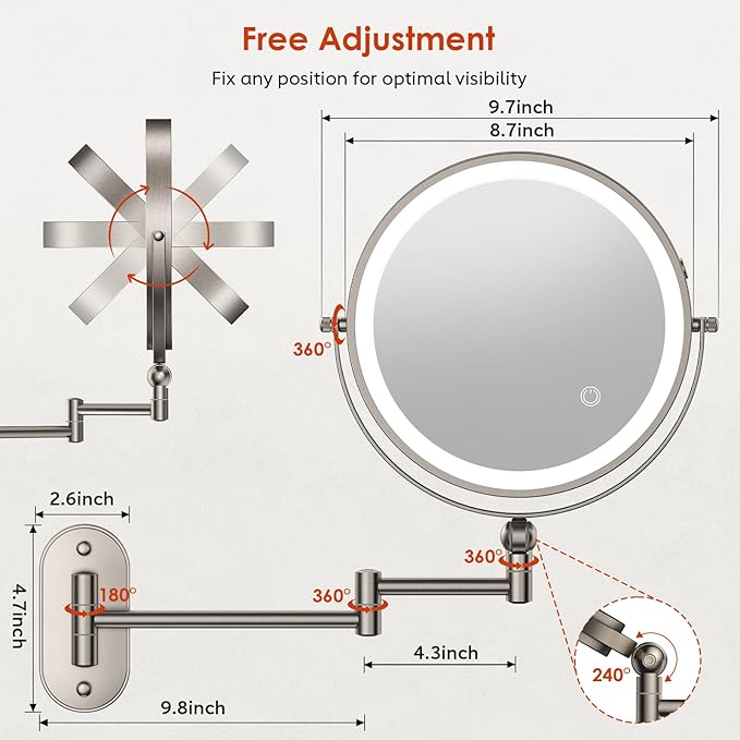 9" Wall Mounted Lighted Makeup Mirror,4000mAh Rechargeable Double Sided 1X/20X Magnifying Mirror with Light,Touch Dimmable,Extended Arm 360 Rotation Wall Mounted Makeup Mirror 3 Color Lights-N