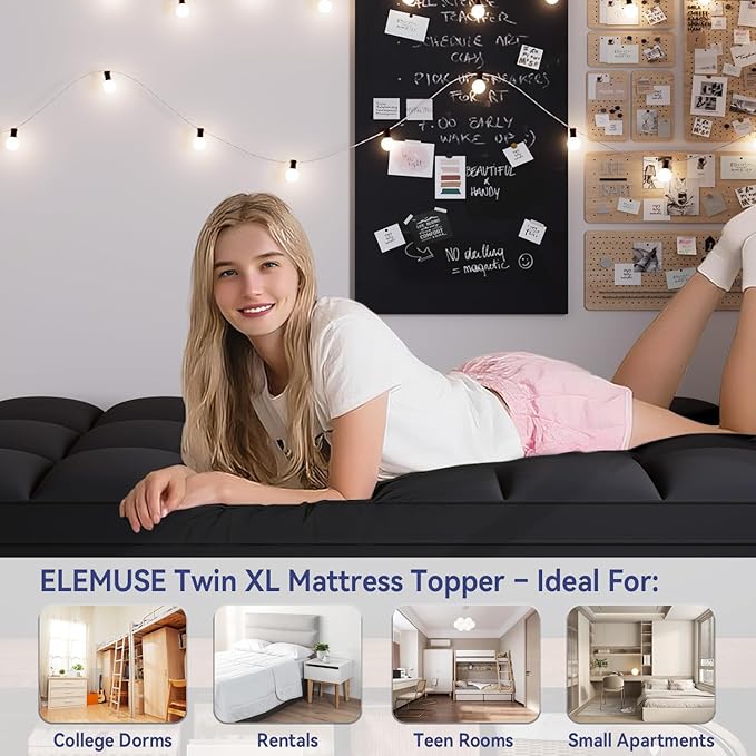 ELEMUSE Twin XL Black Cooling Mattress Topper, Pillow Top, 100% Polyester, Machine Washable, 10 Inches