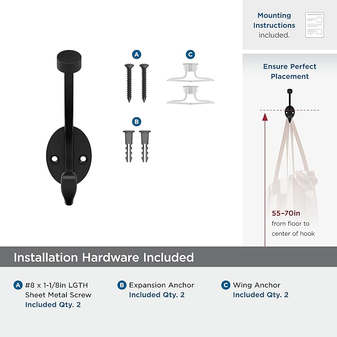 Amerock H55465MB | Adare Double Prong Decorative Wall Hook | Matte Black Hook for Coats, Hats, Backpacks, Bags | Hooks for Bathroom, Bedroom, Closet, Entryway, Laundry Room, Office