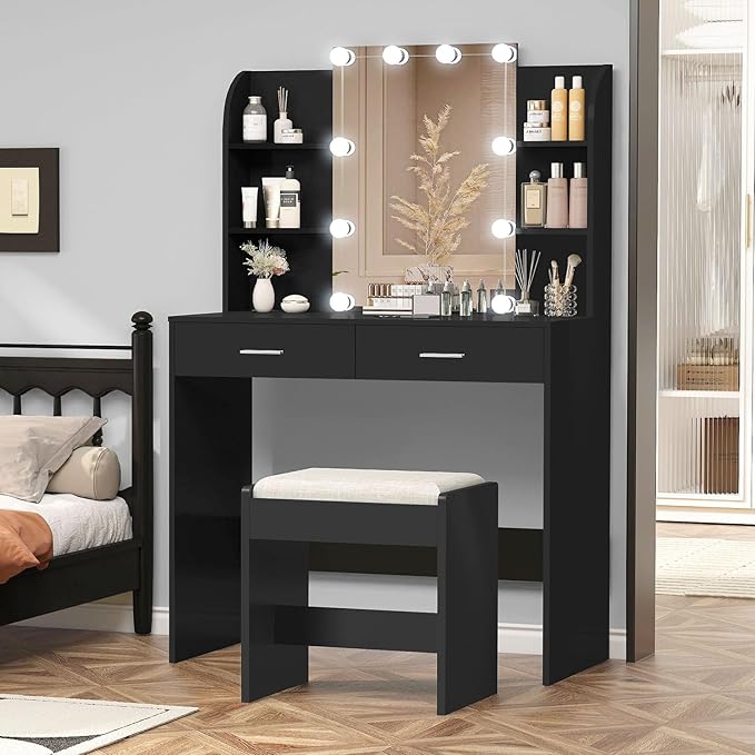 usikey Vanity Desk with Mirror & Lights, Makeup Vanity Table with 2 Large Drawers, 6 Storage Shelves & Stool, Bedroom Dressing Vanity Table with 3 Color Light Adjustable, Black