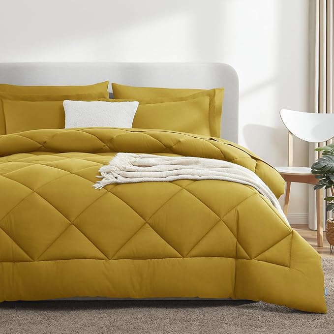 CozyLux Queen Comforter Set Mustard Yellow - Bed in a Bag Queen Size 7 Pieces, Luxury Soft Bed Set for All Seasons, Bedding Set with Down Alternative Comforter, Sheets, Pillowcases & Shams