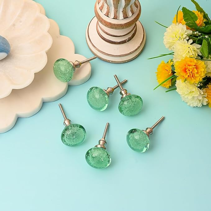 Perilla Home Set of 6 Bubble Knobs - Decorative Light Green Crystal Knobs - Glass Knob for Home Decor, Interior, Kitchen Cabinet, Hardware, Cupboard, Door, Dresser, Wardrobe and Drawer Pulls Handles
