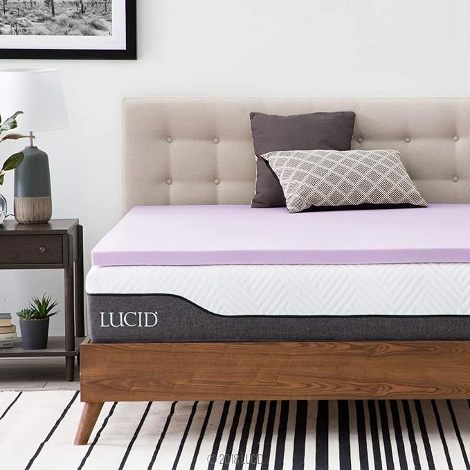 LUCID 2 Inch Lavender Infused Memory Foam Mattress Topper, Queen Size – Ventilated Design – Pressure Relieving Bed Topper - Mattress Pad – CertiPur Certified