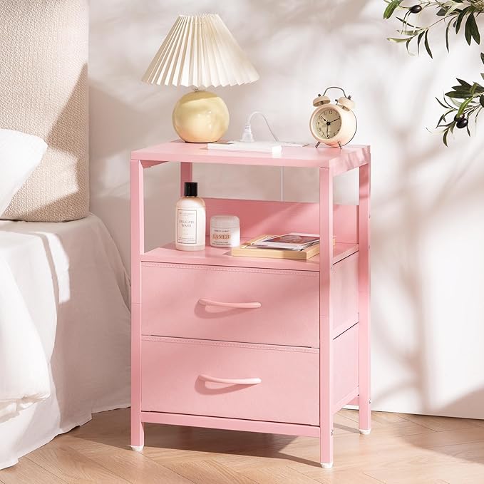 Yoobure Nightstand with Charging Station, LED Night Stand with Fabric Drawers and Storage Shelf for Bedroom, Nightstands Bedside Tables with USB Ports & Outlets, Small Night Stands, Bed Side Table