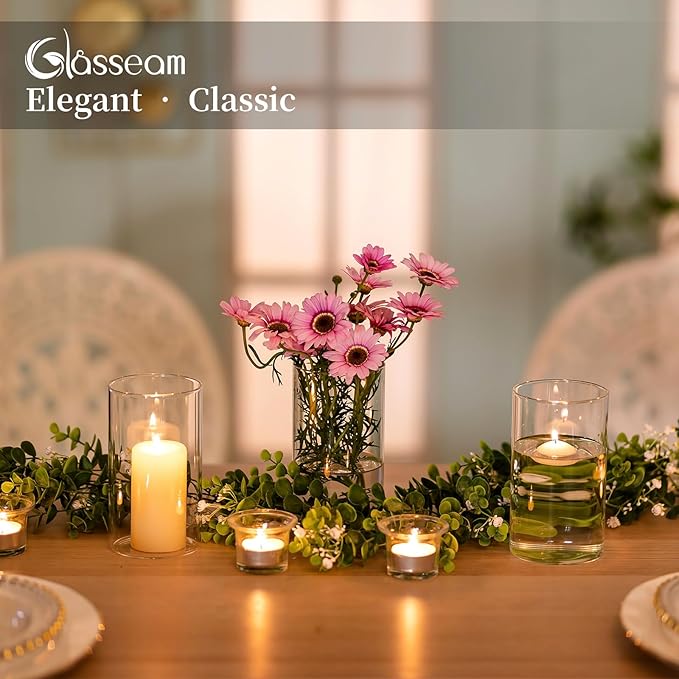 Glasseam Glass Hurricane Candle Holder Set of 12, Cylinder Pillar Candle Holders for Table, Modern Floating Candle Decorations, Clear Glass Cylinder Vase for Centerpieces Wedding Dining Table, 6inch