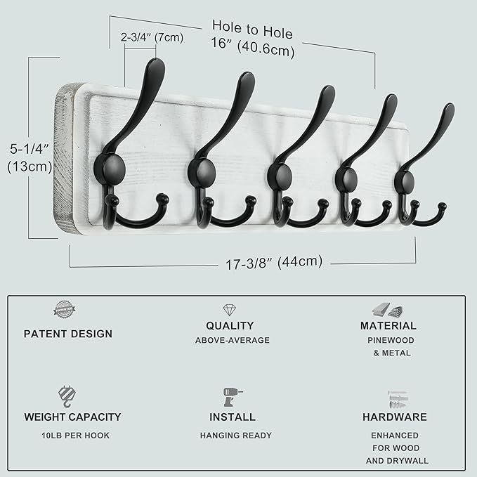 Dseap Coat Rack Wall Mounted - 5 Tri Hooks, Heavy Duty, Wooden Wall Coat Hanger Coat Hook for Clothes Hat Jacket Clothing, Black, Pack of 2