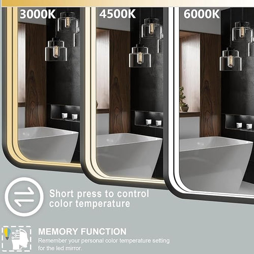 28x36 Inch LED Bathroom Mirror with Lights, Black Metal Framed LED Mirror for Bathroom, 3 Colors and Stepless Dimmable Wall Mounted Lighted Bathroom Vanity Mirror, Anti-Fog, Memory