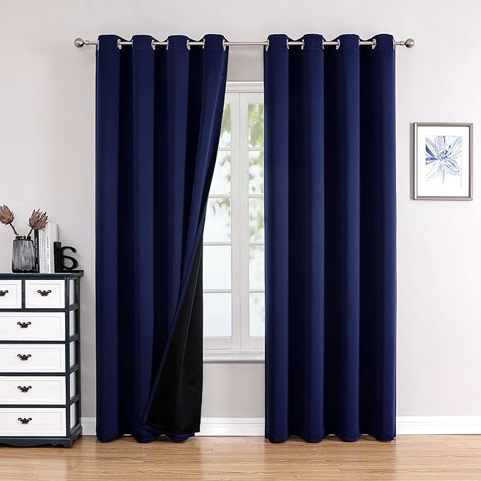 ChrisDowa 100% Blackout Curtains 108 inch Long for Bedroom with Black Liner, 2 Thick Layers Total Blackout Thermal Insulated Grommet Window Curtains 2 Panels Set (Navy Blue, 52 x 108 Inch)