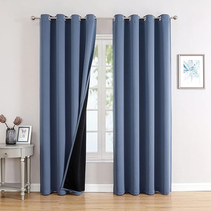 ChrisDowa 100% Blackout Curtains 80 inch Long for Bedroom with Black Liner, 2 Thick Layers Total Blackout Thermal Insulated Grommet Window Curtains 2 Panels Set (Stone Blue, 52 x 80 Inch)