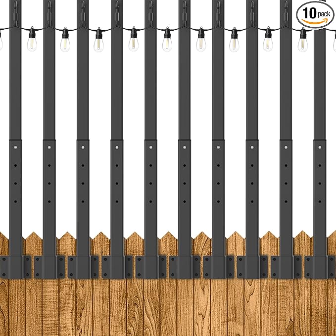 10 Pack 2.8Ft Suspension Outdoor String Light Poles for Outside String Lights Hanging,with Clip and Holder,Light Post Mounting Stand for Patio Fence Wall Garden Backyard Deck
