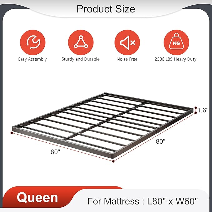 1.6 Inch Bunkie Board Queen Heavy Duty Low Profile Metal Queen Box Spring Bed Base Sturdy Mattress Foundation, Easy Assembly, Noise Free, Black