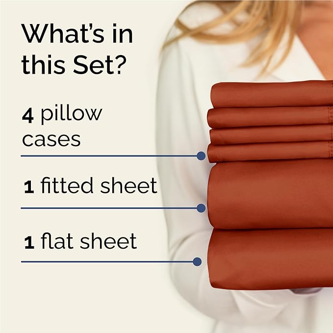 Full 6 Piece Sheet Set - Comfy Breathable & Cooling - Ultra-Soft Hotel Luxury Bedding Set with 8-16 Inch Deep Pockets - 1 Flat & 1 Fitted Sheet & 4 Pillowcases - Wrinkle Free & Easy Care - Terracotta