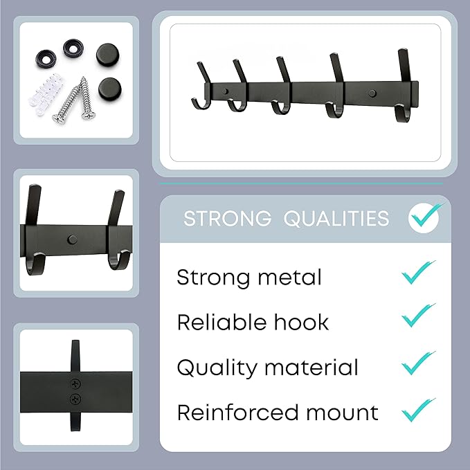 Matte Black Coat Rack Wall Mount – 15 Inch Stainless Steel Hook Rail with 5 Double Coat Hooks – Wall Mounted Entryway Organizer for Coats, Hats, Bags, Towels, Robes, Closet or Bathroom