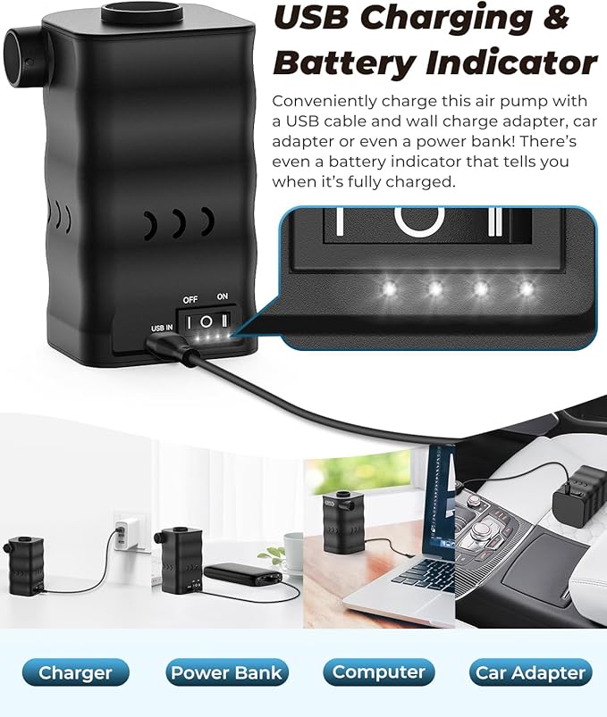 Air Mattress Pump, Rechargeable 6000mAh Portable Air Pump, Quick-Fill Electric Air Inflator Deflator for Outdoor Camping Inflatable Bed Pool Boat Float Raft Swimming Rings Vacuum Bag