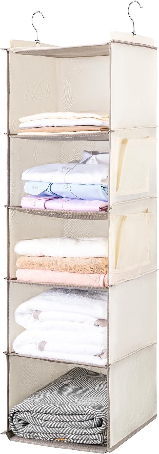 BOOMIBOO Hanging Closet Organize and Shelves，5-Hanging Shelf with 2 Side Pockets，Storage Foldable （Beige）