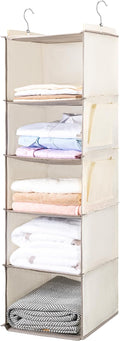 BOOMIBOO Hanging Closet Organize and Shelves，5-Hanging Shelf with 2 Side Pockets，Storage Foldable （Beige）