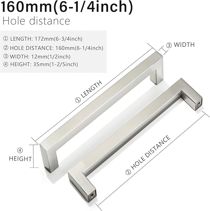 Cabinet Pulls Brushed Nickel Cabinet Handles Square Drawer Pulls, 40 Pack 6-1/4 Inch Stainless Steel Kitchen Door Cupboard Cabinet Handles, Cabinet Hardware Drawer Handles, 160mm Hole Centers