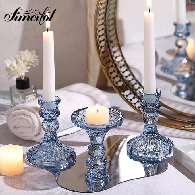 Glass Candle Holder Set of 12, Blue Taper Candle Holders Bulk, Vintage Candlestick Holders, Candle Stick Holder for Table Centerpieces, Wedding, Festival & Home Decor