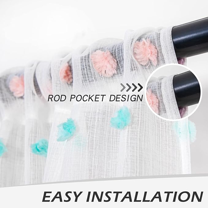 MYSKY HOME Pom Pom Curtains for Girls Bedroom Rainbow Nursery Curains for Boys Kids Room Colorful White Sheer Curtains for Living Room Playroom Rod Pocket Window 52" x 63" Set of 2