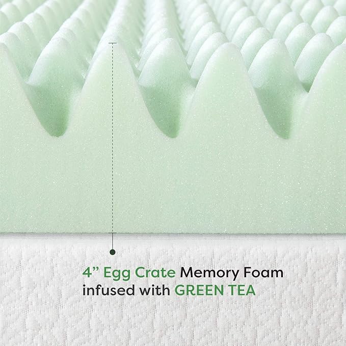Best Price Mattress 4 Inch Egg Crate Memory Foam Mattress Topper with Calming Green Tea Infusion, CertiPUR-US Certified, Short Queen