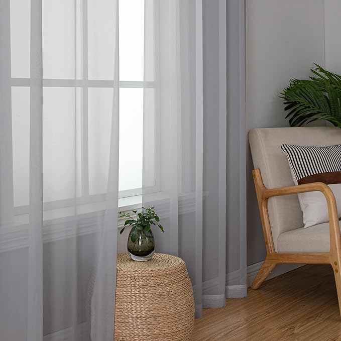 Chyhomenyc Light Grey Sheer Curtains 63 Inch Length 2 Panels, Light Filtering Airy Rod Pocket Window Curtain Treatment Drapes for Bedroom Living, Each 42Wx63L Inches