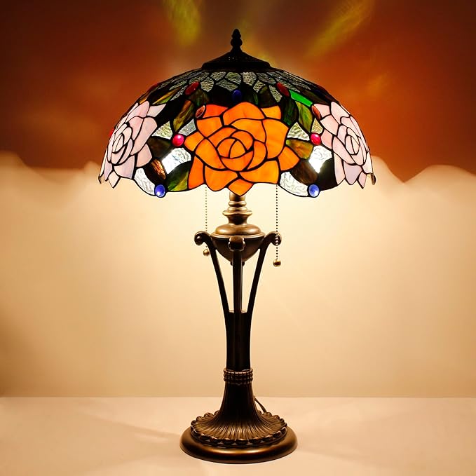 Tiffany Table Lamp Orange Purple Stained Glass Desk Lamp 16X16X24 Inches Rose Flower Style Reading Light