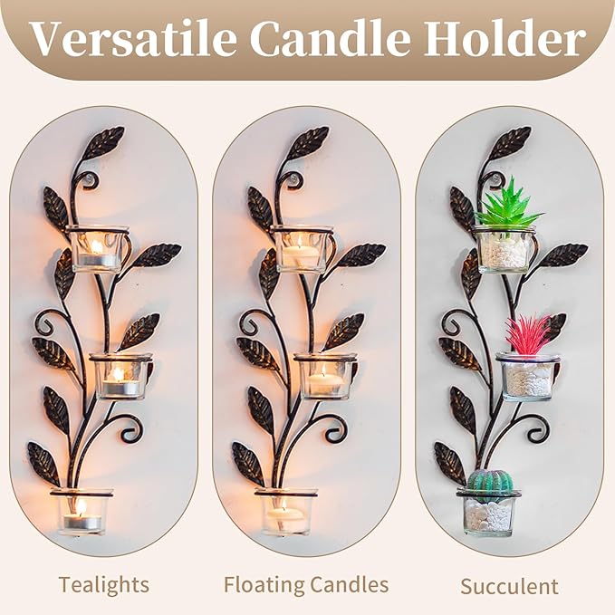 Sziqiqi Wall Sconces Candle Holder - Wall Candle Holder Black Tea Light Candle Sconce Vintage Wall Sconce Set of 2 for Living Room Wall Mount Candle Sconces for Bathroom Dining Room
